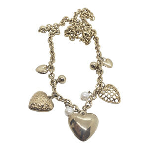 Vintage Puffy Heart Charm Necklace Gold Tone Faux Pearl Long Gift